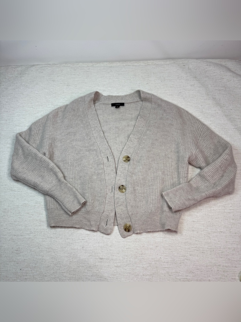 J Crew women L ribbed cardigan sweater v neck cropped wool alpaca long sleeve